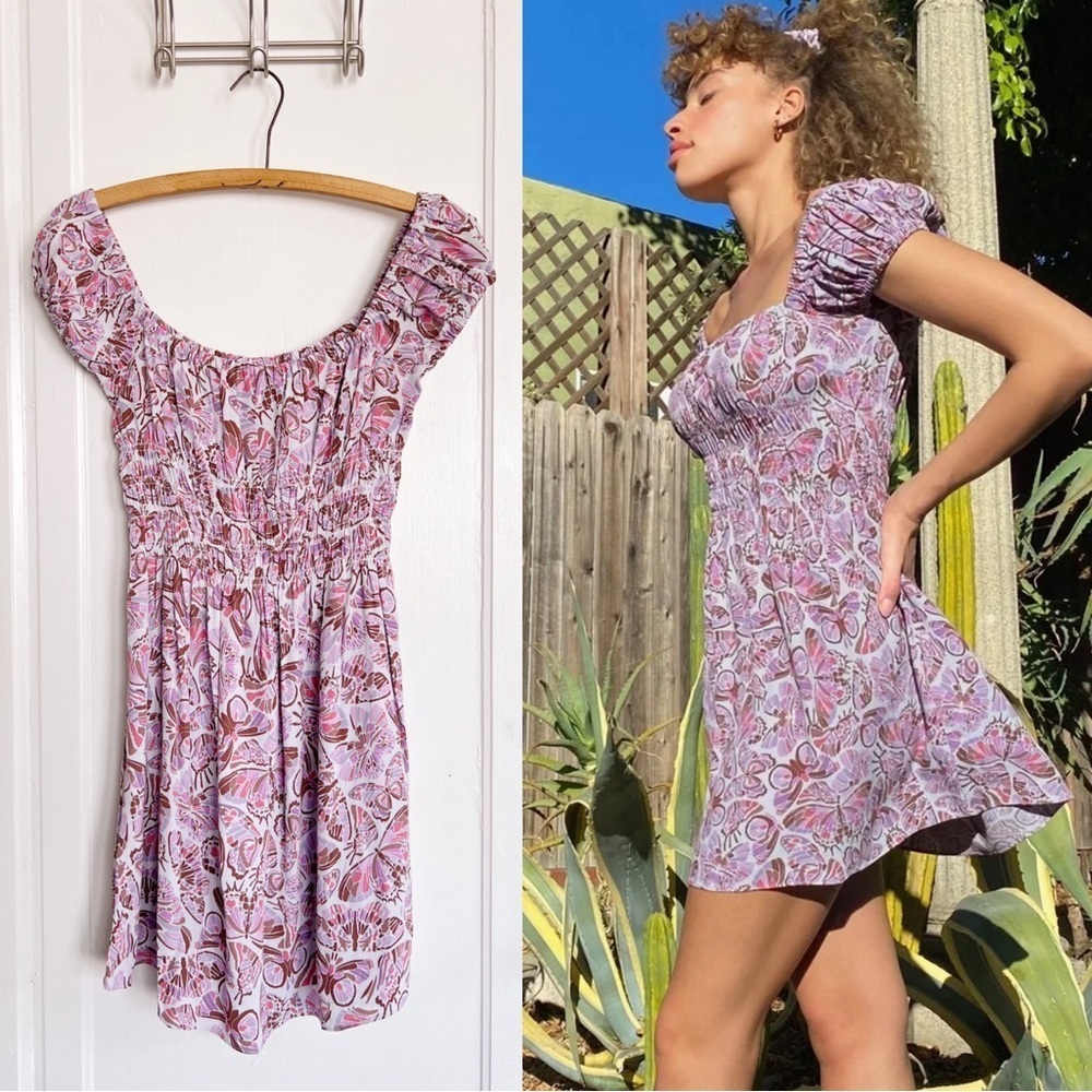 Sunday Best โข Aritzia Kinsley Dress mini smocked purple butterfly print rayon